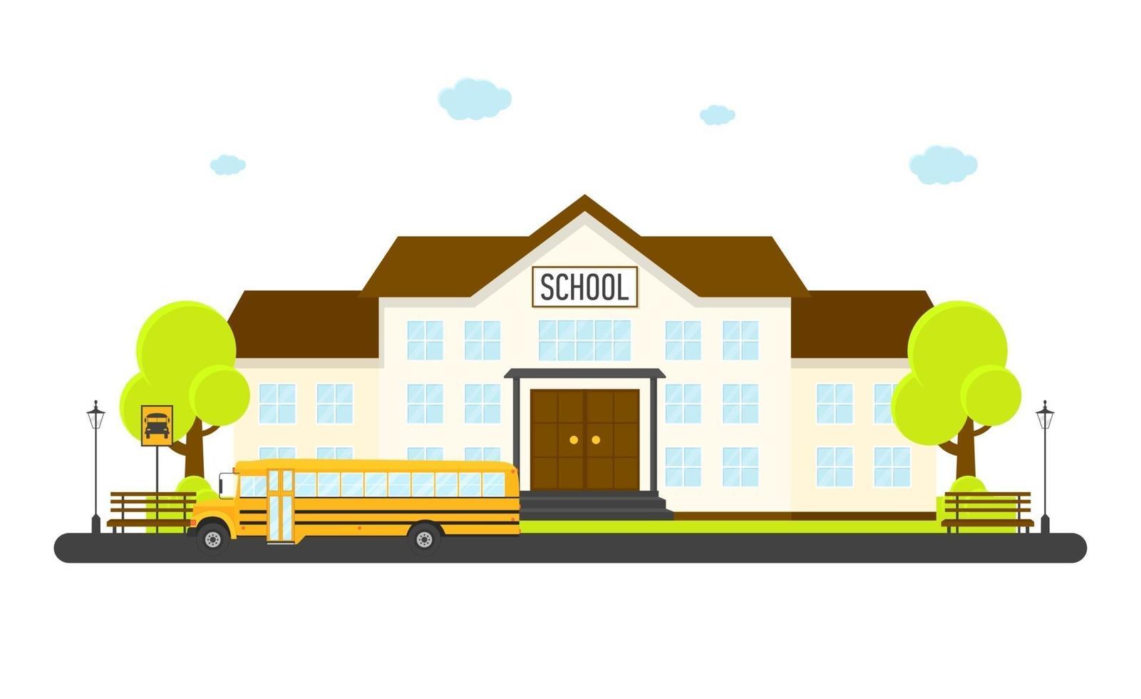 paisagem escolar com ônibus escolar isolado, ilustração vetorial vetor