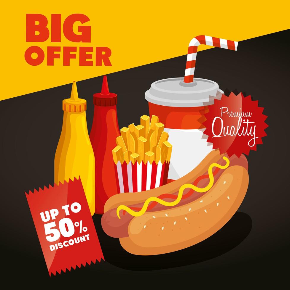 cartaz grande oferta de fast food com 50% de desconto vetor