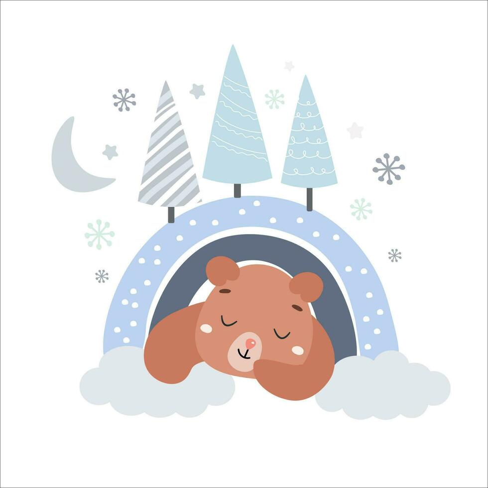 fofa desenho animado Urso filhote dorme dentro uma cova dentro inverno. crianças simples imprimir. vetor gráficos.