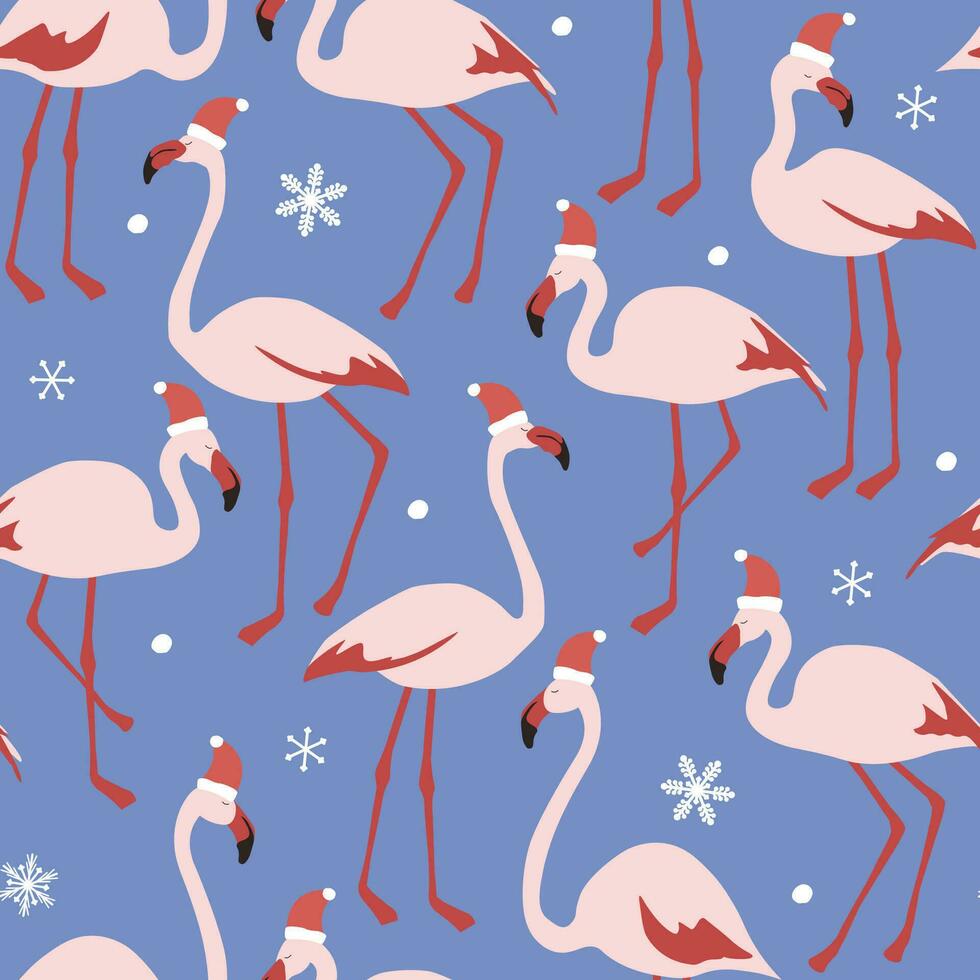 desatado padronizar com flamingos dentro santa chapéus em uma fundo do flocos de neve. inverno abstrato feriado impressão com lindo pássaros. vetor gráficos.
