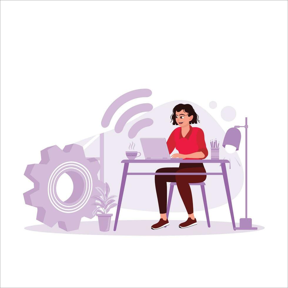 jovem mulher sentado dentro frente do uma computador portátil bebendo chá às lar, fazendo produtivo controlo remoto trabalhar. freelance produtividade conceito. vetor