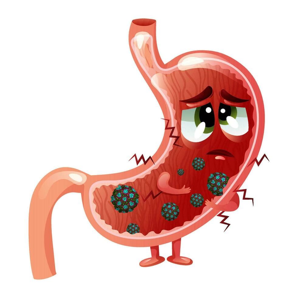 doente triste estômago desenho animado personagem com norovírus vetor