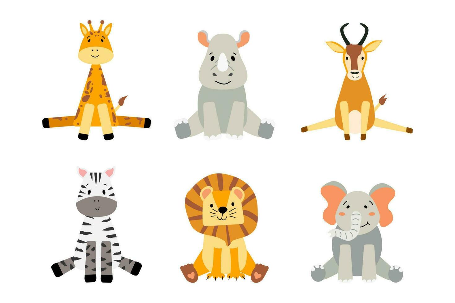 conjunto do fofa africano animais. zebra, elefante, leão, girafa, antílope e rinoceronte dentro plano desenho animado estilo. isolado fundo. vetor