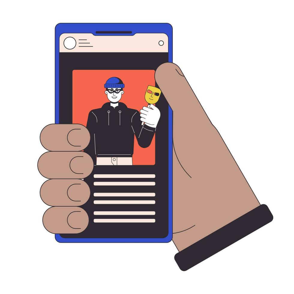 segurando Smartphone plano linha conceito vetor local ilustração. roubando identidade. cyber ladrao 2d desenho animado esboço mão em branco para rede ui Projeto. cibercrime editável isolado cor herói imagem