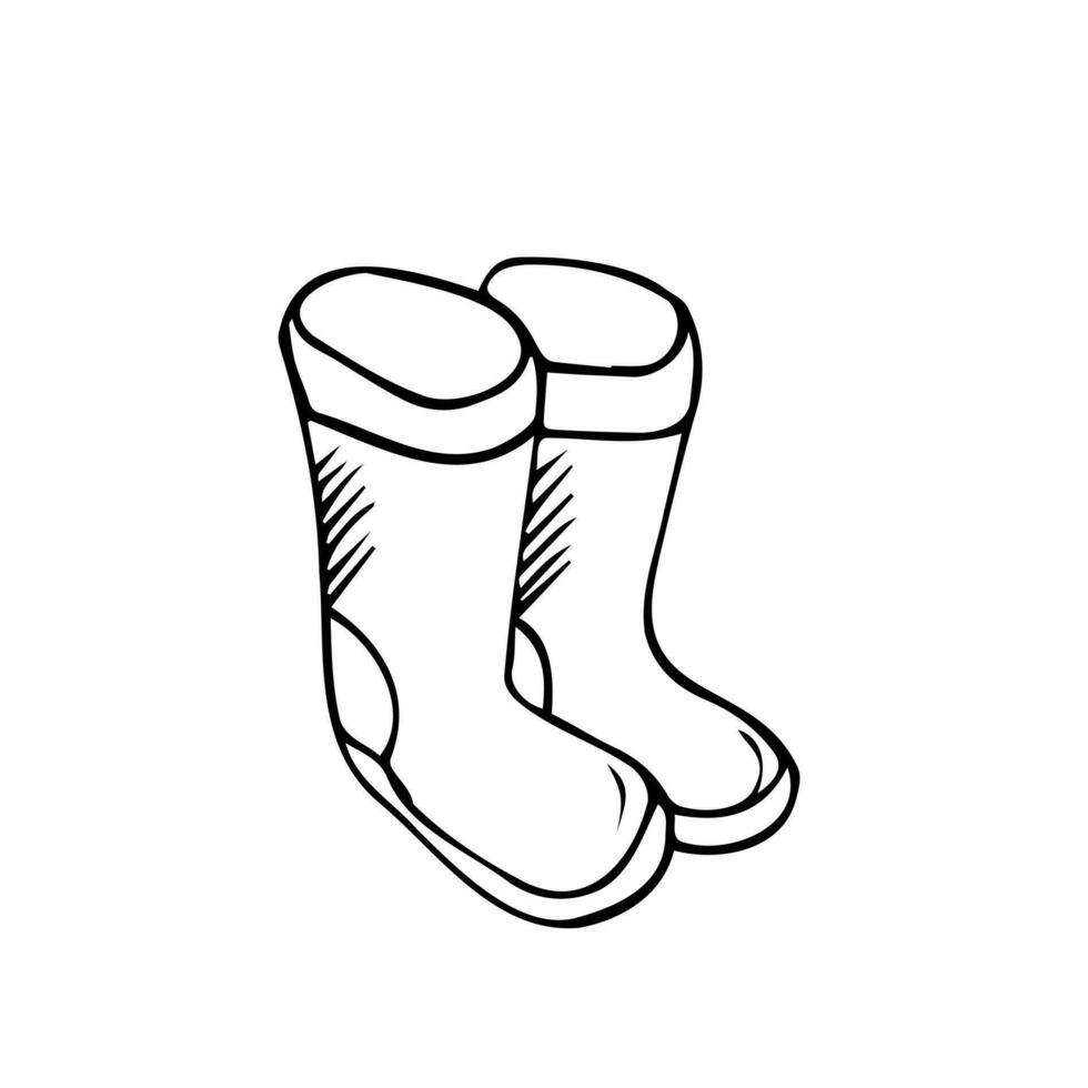 botas de borracha isoladas em um fundo branco. sapatos de outono para caminhar em poças. botas resistentes à água. botas de um jardineiro para trabalhar no jardim. ilustração vetorial no estilo doodle vetor