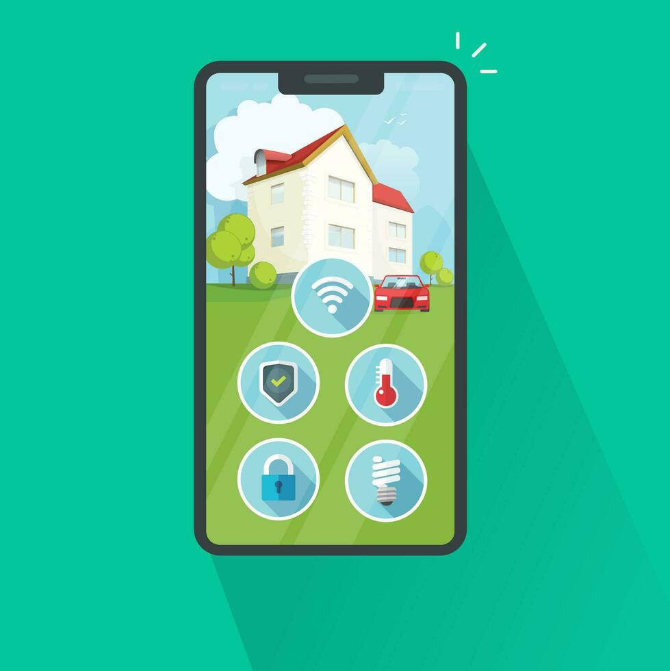 inteligente casa em célula telefone vetor ilustração, plano desenho animado proteção e segurança controlo remoto ao controle tecnologia para casa através da celular ou Smartphone isolado clipart