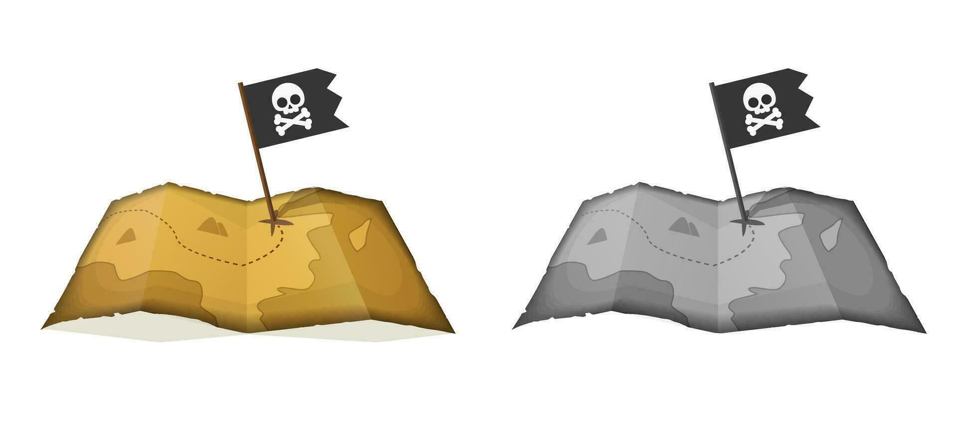 mapa velho Tesouro jogos papel ícone vetor gráfico ilustração 3d, desenho animado náutico pirata bandeira com crânio rastrear local imagem clipart