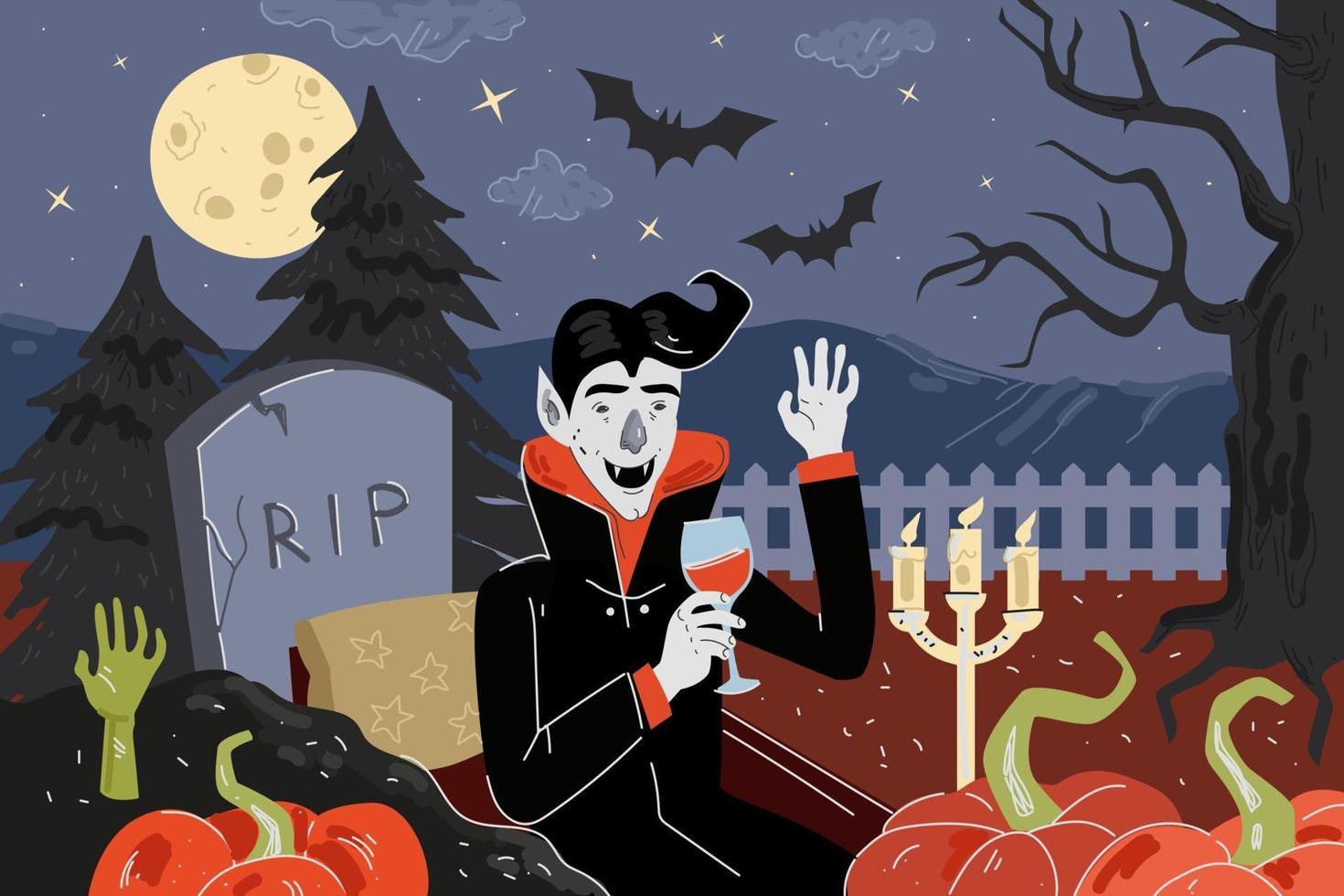 feliz dia das bruxas feriado cartão de felicitações. vampiro na noite de luar vetor