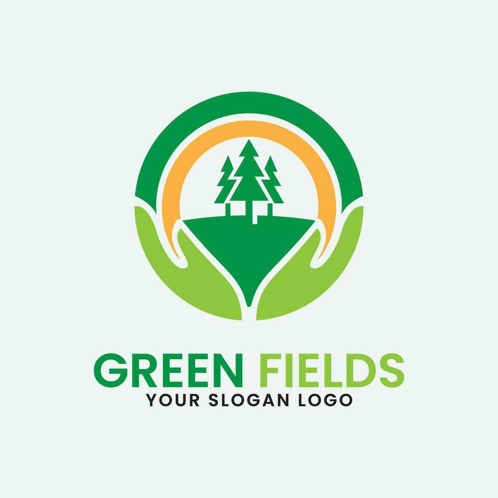 verde campo logotipo ícone Projeto inspiração com árvore, Sol e mão vetor ilustração