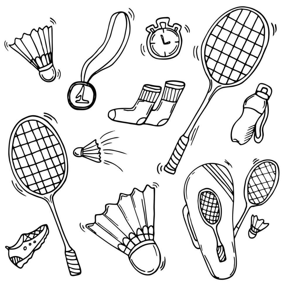 rabisco badminton ícones definir. Primavera esporte vetor ilustração.