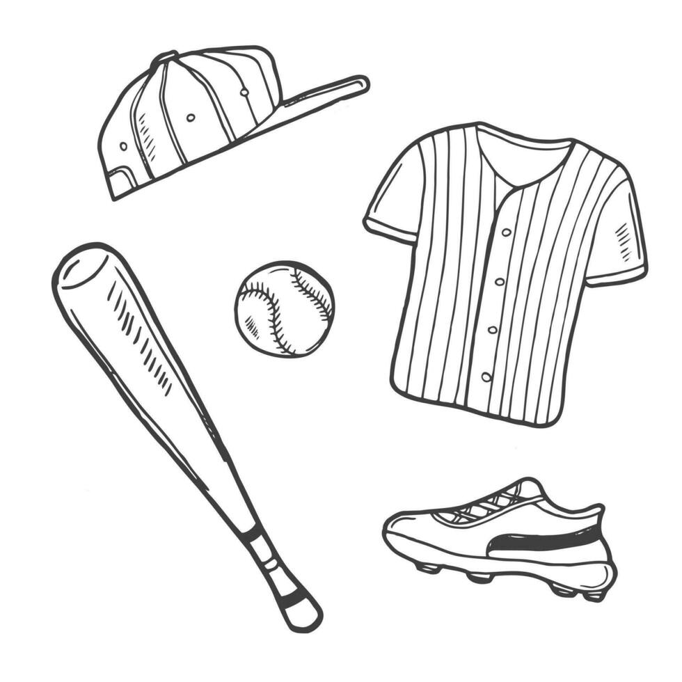 conjunto do beisebol equipamento mão desenhado vetor ilustração. Esportes ícone Projeto modelo.