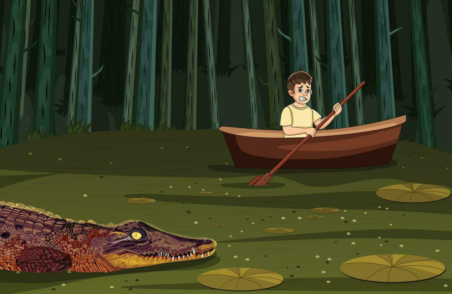 uma criança drives uma pescaria barco e crocodilos correr atrás ele, vencedor vetor