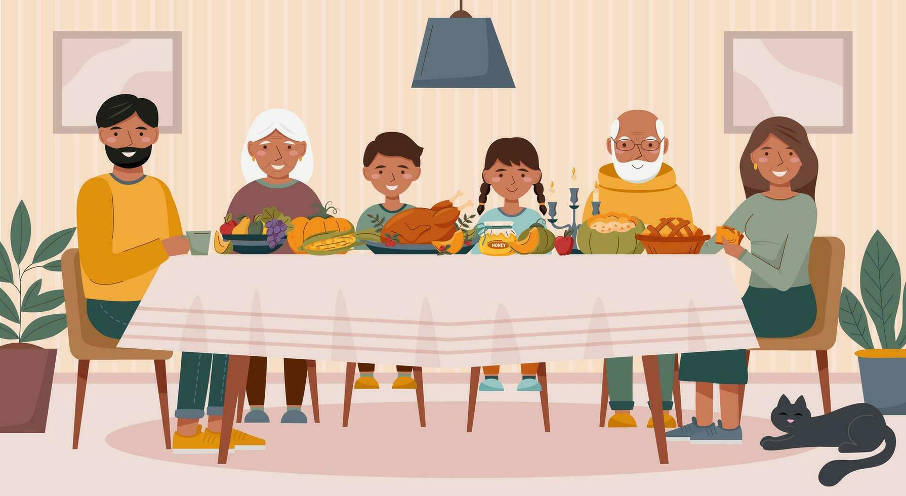 grande família às a mesa com Comida vetor