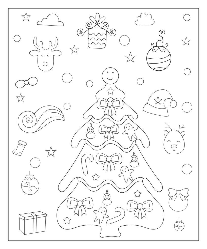 coloração página do uma decorado Natal árvore com presentes. vetor Preto e branco ilustração em branco fundo.