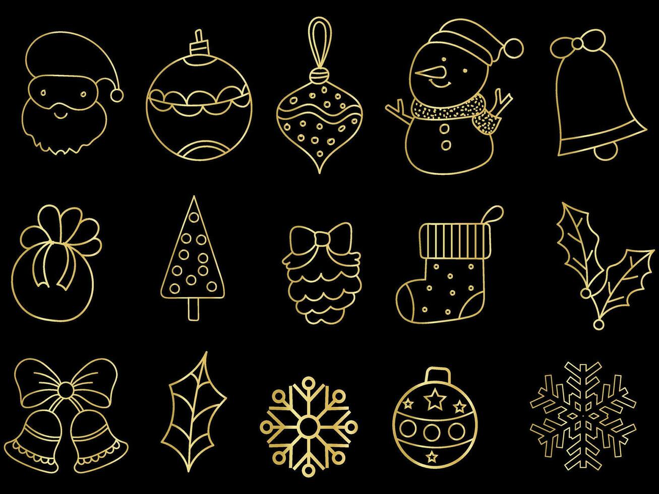dourado Natal enfeites conjunto com bolas, flocos de neve, chapéus, estrela, Natal árvore, laranja, meia, presente, beber e guirlandas. vetor