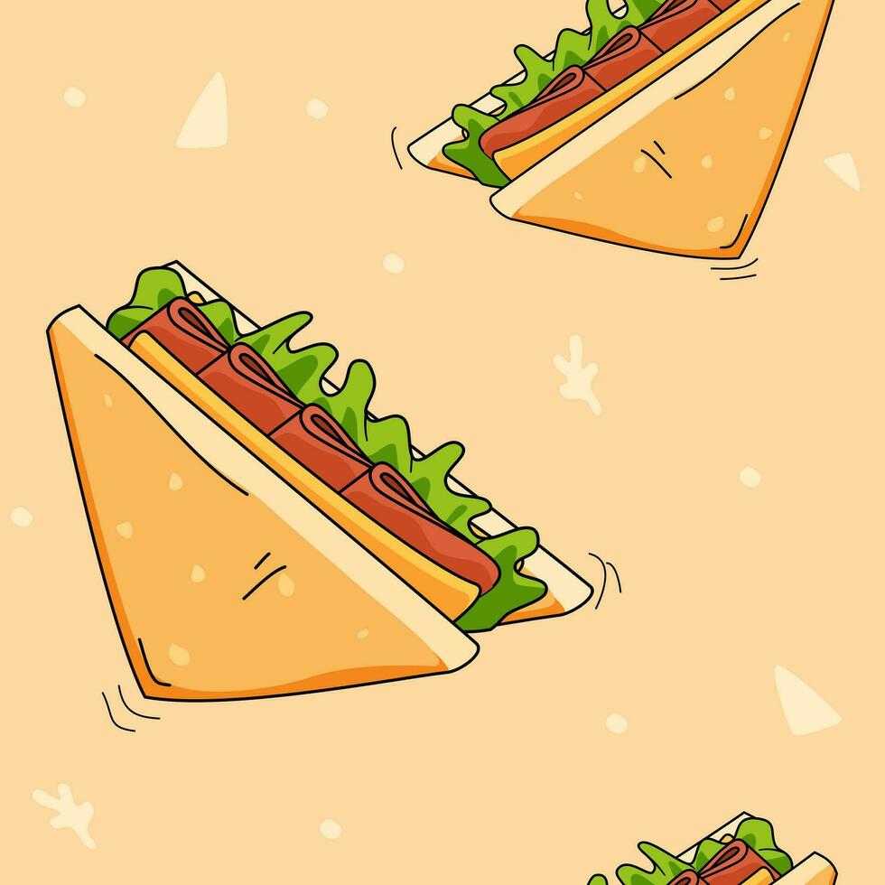 desatado sanduíche, triângulo sanduíche, café da manhã comida, vegetais, queijo, carne, bacon, presunto, pão, fundo padrão, poster, papel de parede, invólucro papel, vetor ilustração