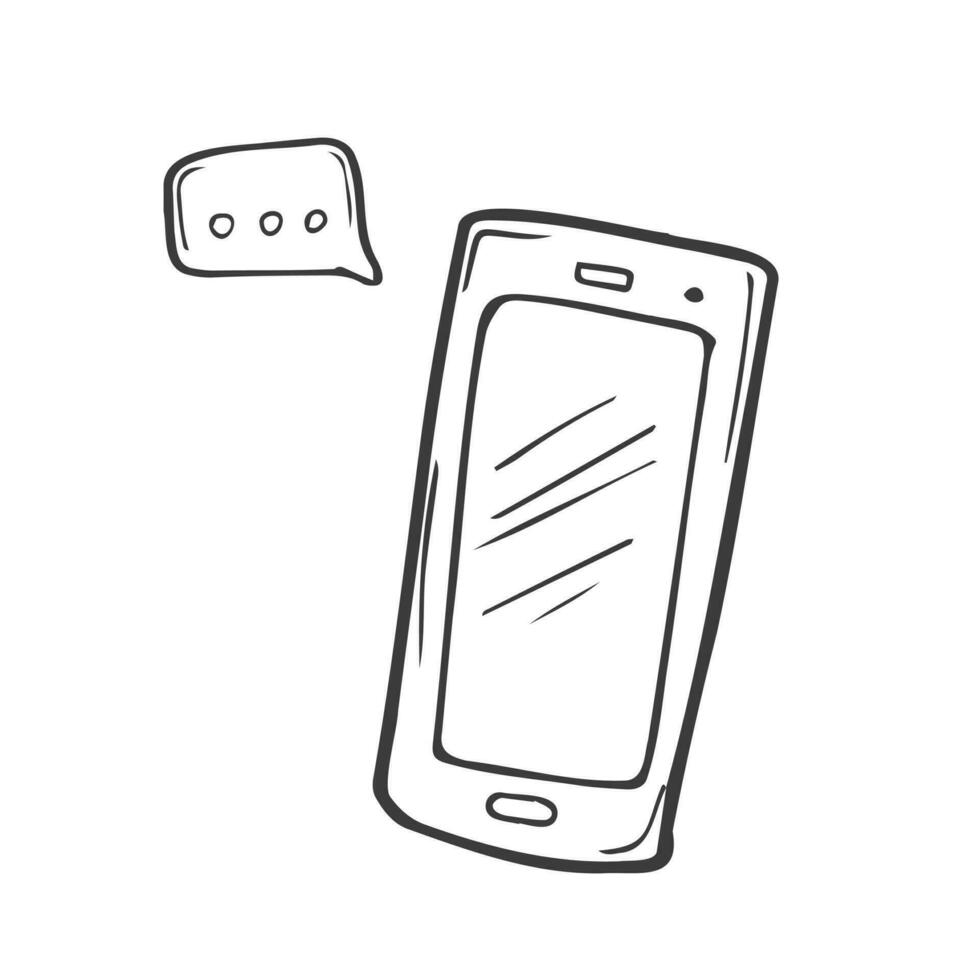 telefone com mensagem doodle. Smartphone discurso bolha mão desenhado esboço estilo ícone. Móvel mensagem quadrinho rabisco desenhado conceito. vetor