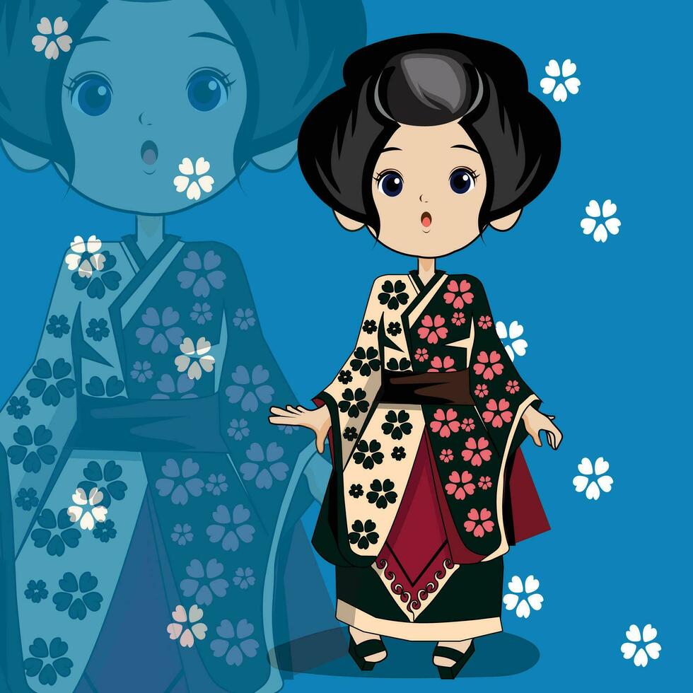 uma desenho animado menina dentro uma quimono com flores vetor