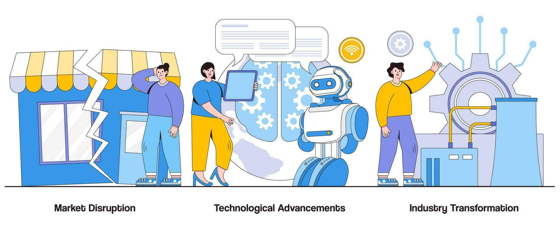 mercado interrupção, tecnológica avanços, indústria transformação conceito com personagem. digital transformação abstrato vetor ilustração definir. perturbador tecnologias, mercado evolução