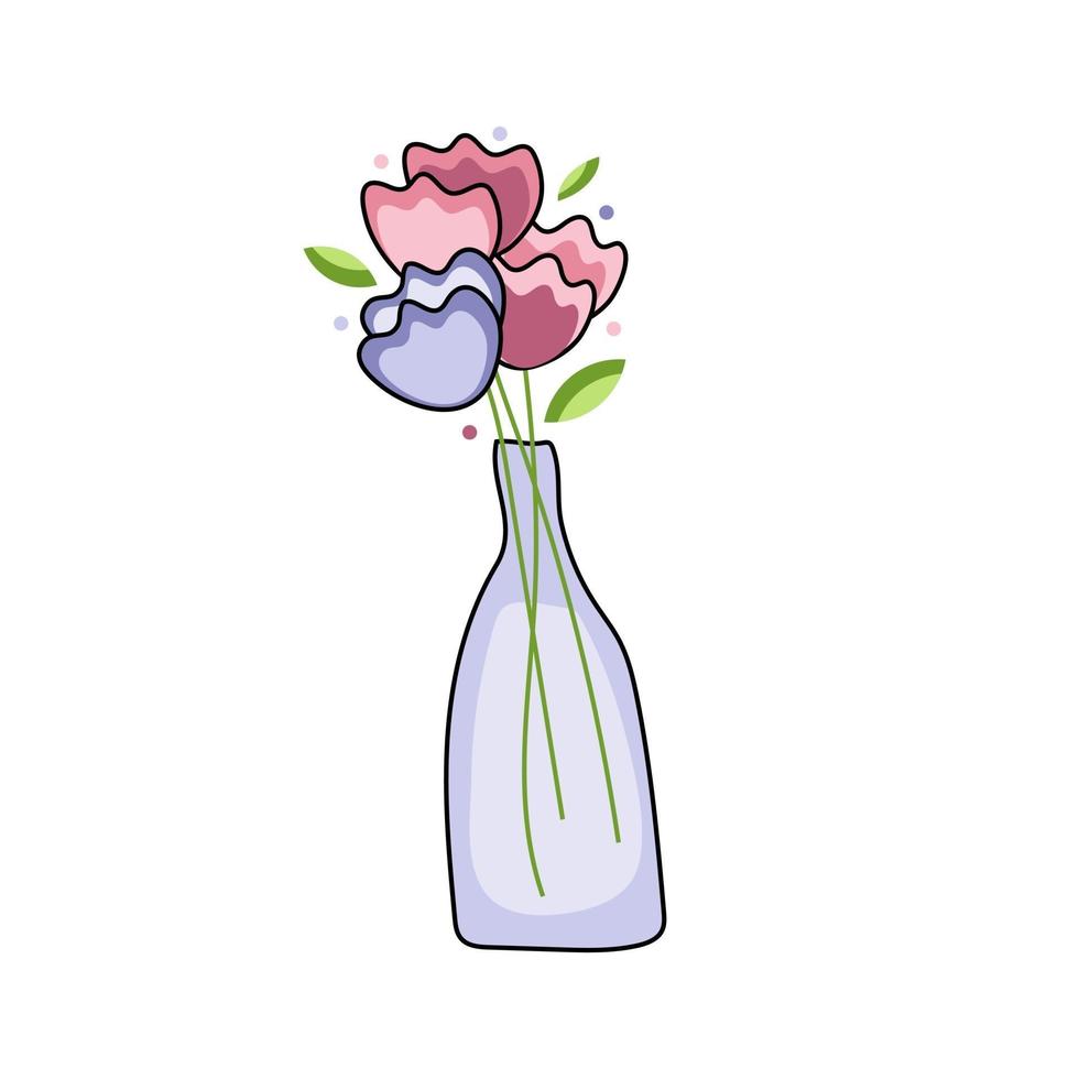 vaso de vidro com flores rosa e azuis vetor