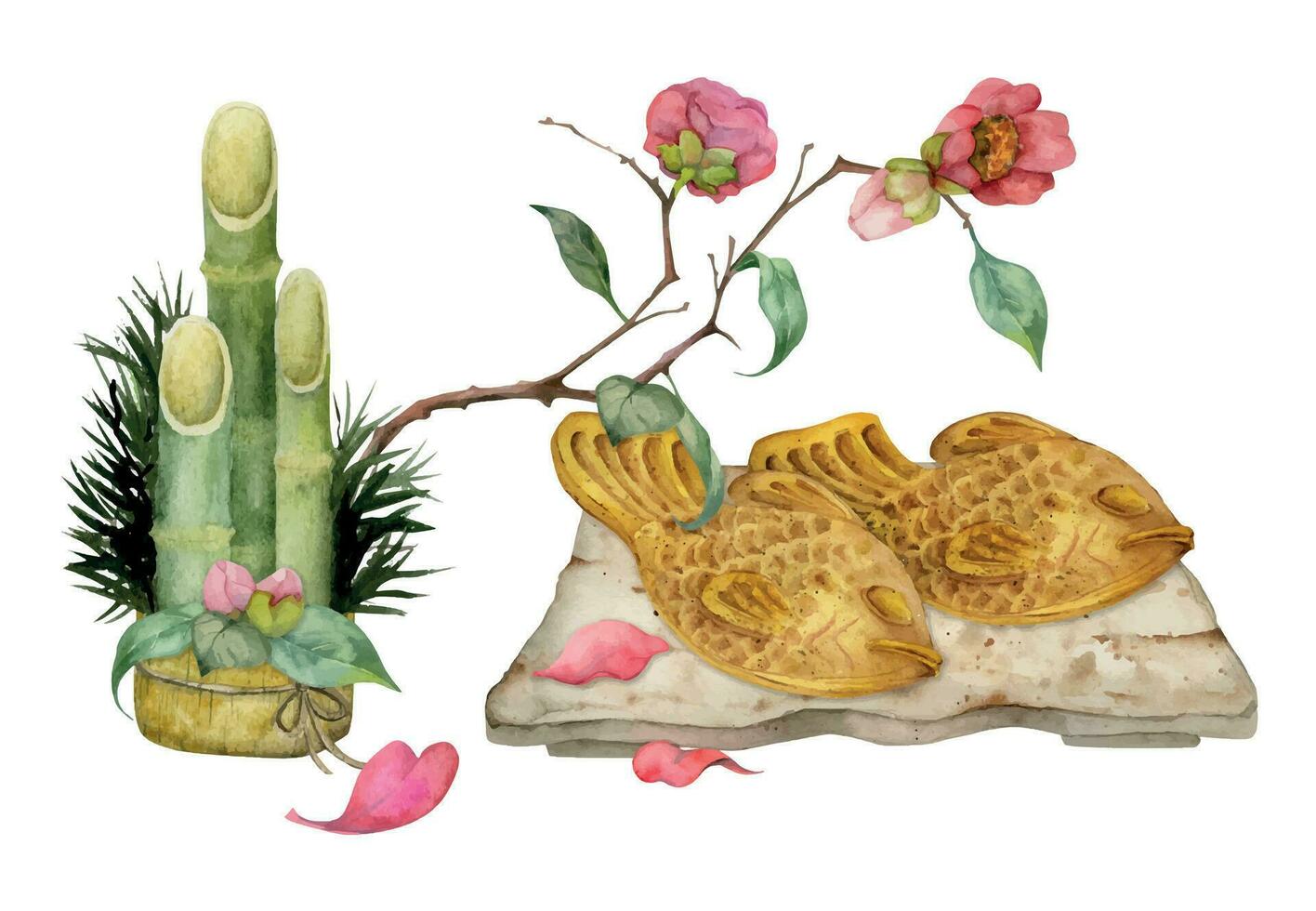 aguarela mão desenhado tradicional japonês doces. cerâmico prato, taiyaki, camélia, kadomatsu. isolado em branco fundo. Projeto para convites, restaurante cardápio, cumprimento cartões, imprimir, têxtil vetor