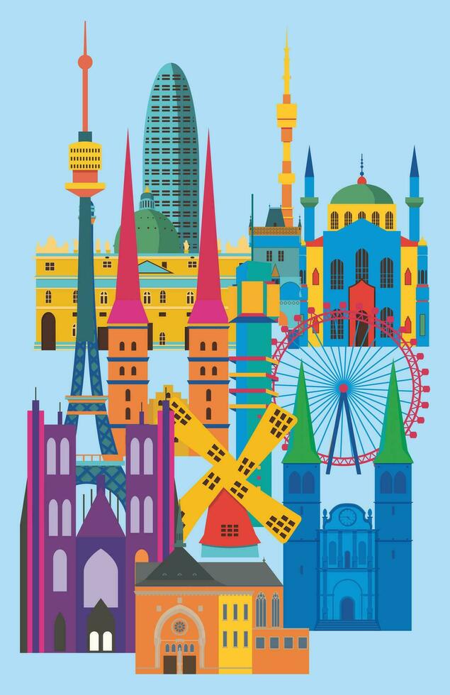 mundo famoso viagem Lugar, colocar colorida construção e monumento, diversão parque com famoso marcos dentro Europa vetor ilustração.