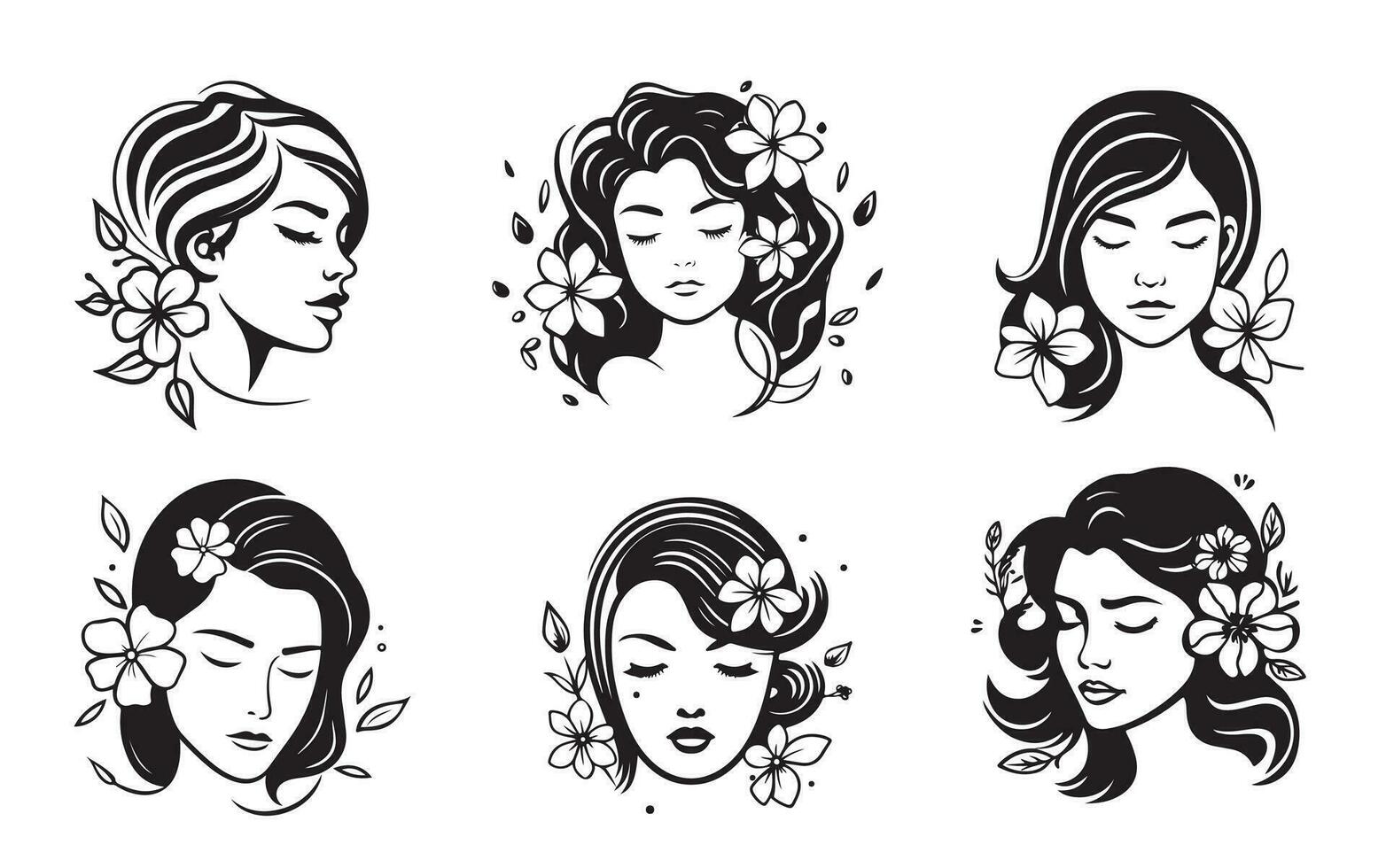 mulher cabeça conjunto beleza ícones conjunto silhueta mão desenhado vetor ilustração