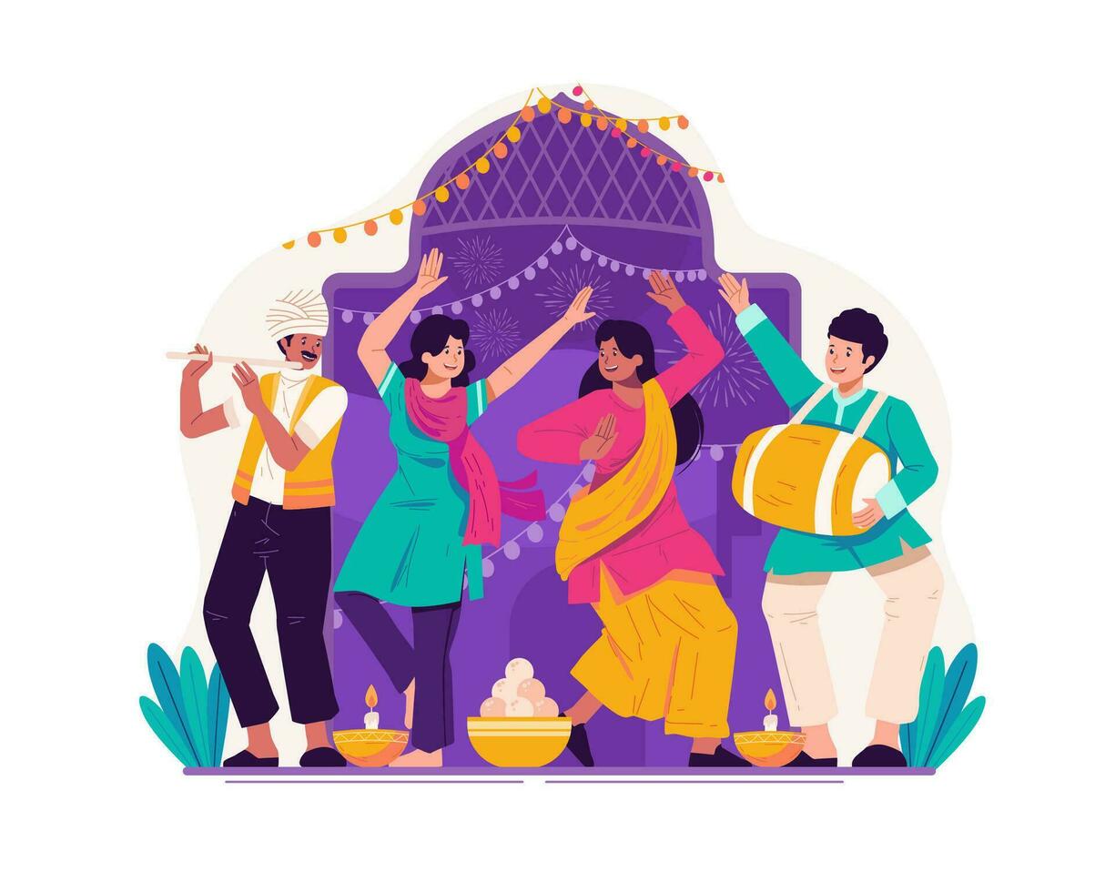 indiano pessoas dentro tradicional roupas dançando para comemoro Diwali, a tradicional hindu festival do luzes vetor