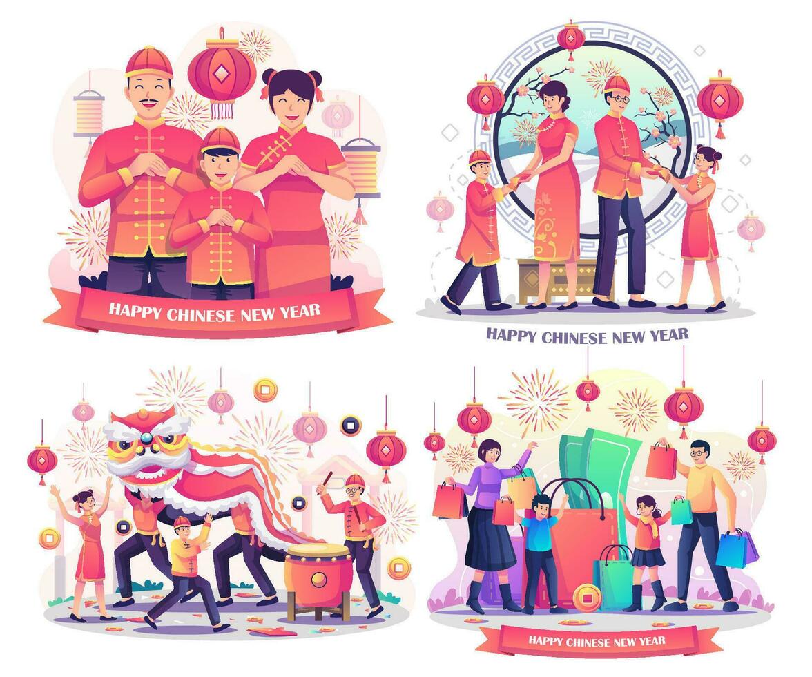 conjunto do chinês Novo ano com feliz pessoas e crianças comemora lunar Novo ano. crianças jogando com uma chinês dançando leão. familiy conectados compras. plano estilo vetor ilustração