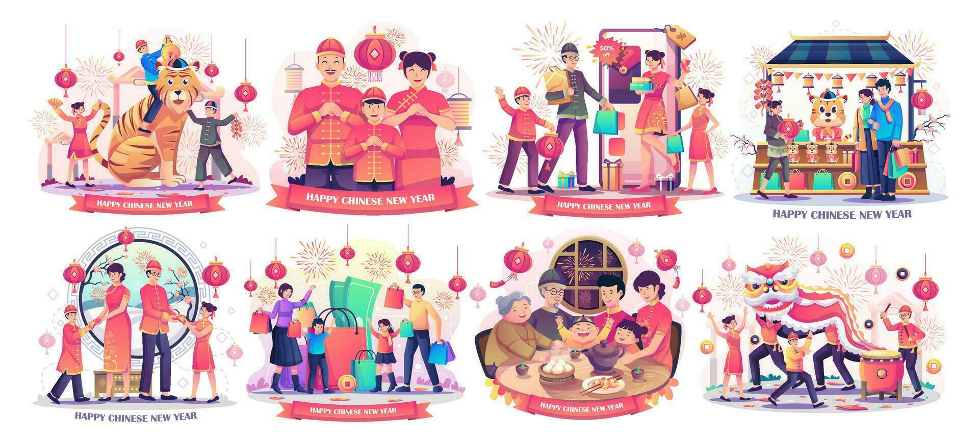 conjunto de ano novo chinês com família asiática está tendo um jantar de reunião. crianças brincando com um leão dançante chinês. compras on-line da família. ilustração vetorial de estilo simples vetor