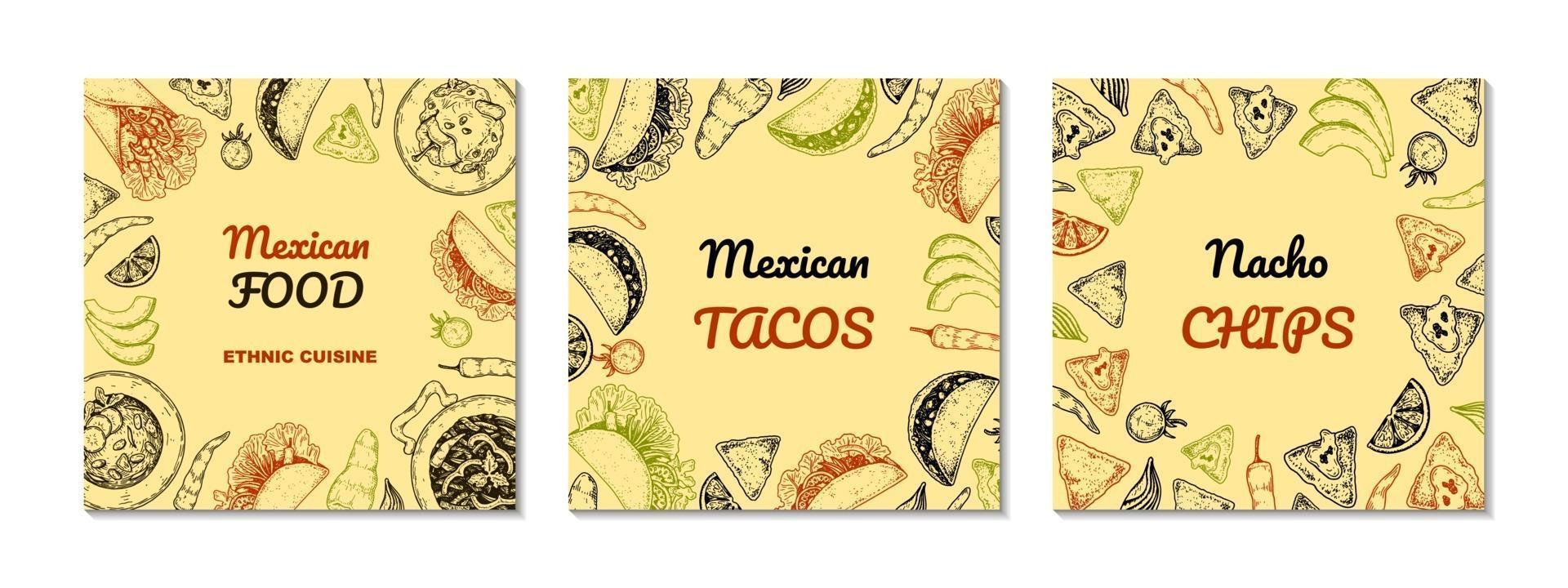 conjunto de designs de mão desenhada de comida mexicana. vetor