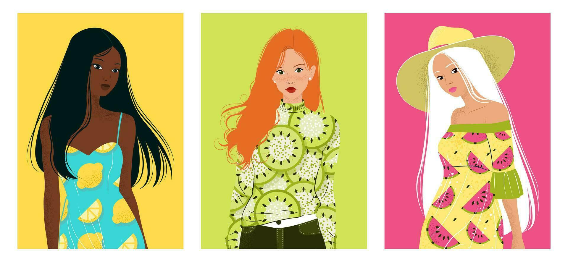 conjunto do isolado retratos com mulheres do diferente nacionalidades. jovem mulheres com vários cabelo estilo e roupas com fruta imprimir. vetor plano ilustração. avatar para uma social rede. poster, arte.