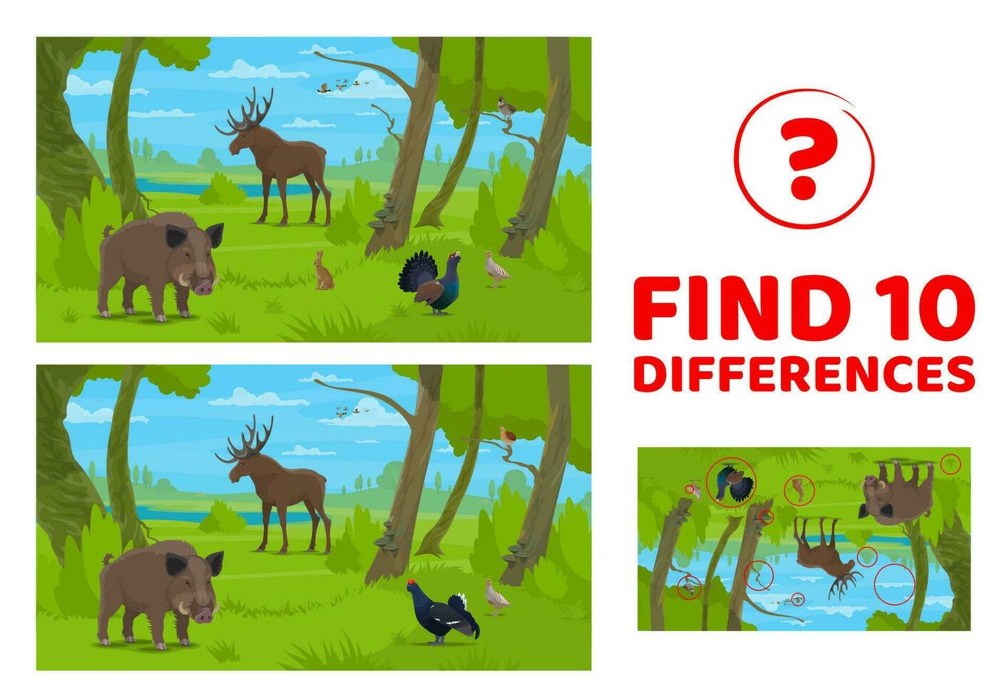 encontrar dez diferenças, desenho animado floresta animais jogos vetor