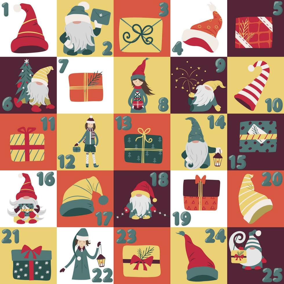 Natal advento calendário com mão desenhado festivo elementos. gnomos, santa chapéus, presentes. natal poster vetor