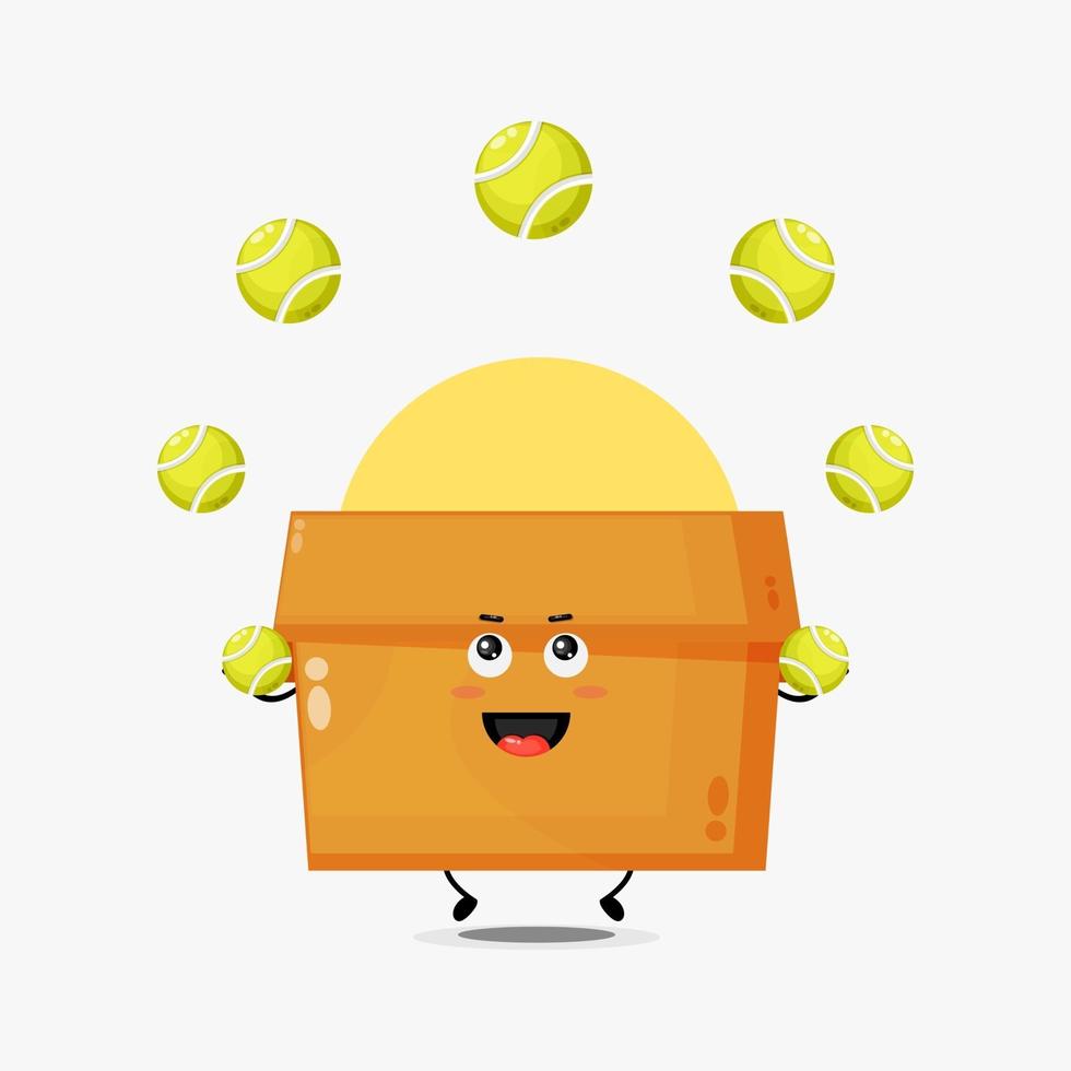 personagem de caixa fofo jogando bola de tênis vetor