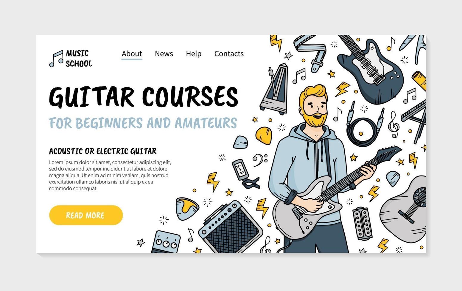 página inicial de cursos de violão em estilo doodle vetor