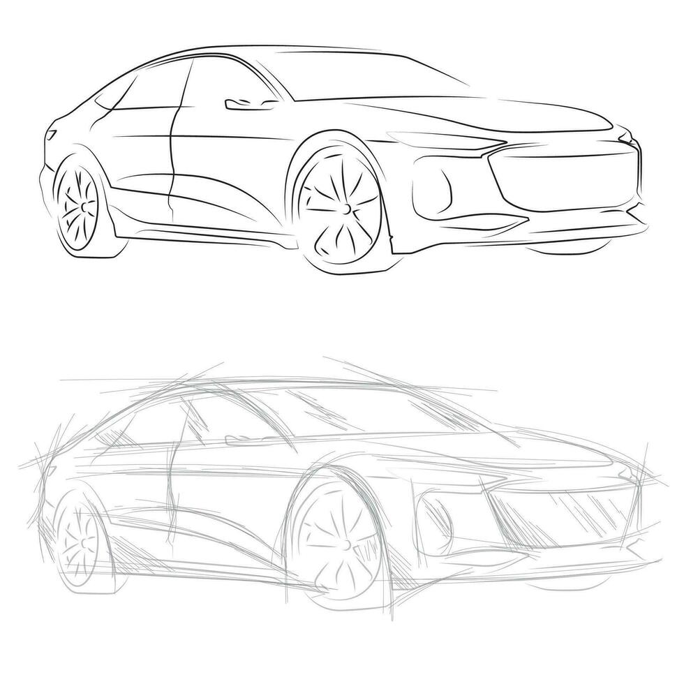 desenhado à mão e esboço carro silhuetas, plantas vetor