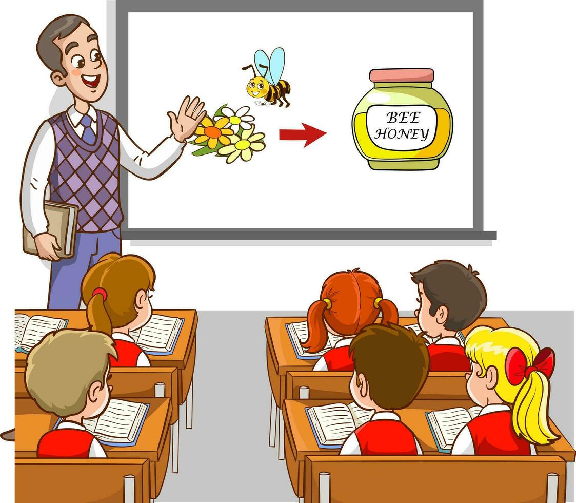 vetor ilustração do professor e alunos ensino sala de aula.ensino abelhas para faço querida