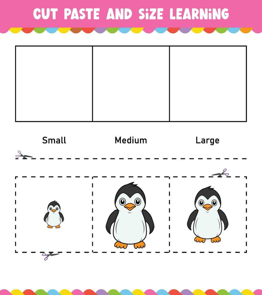Aprendendo tamanhos cortar e colar fácil atividade planilha jogos para crianças com fofa animal vetor
