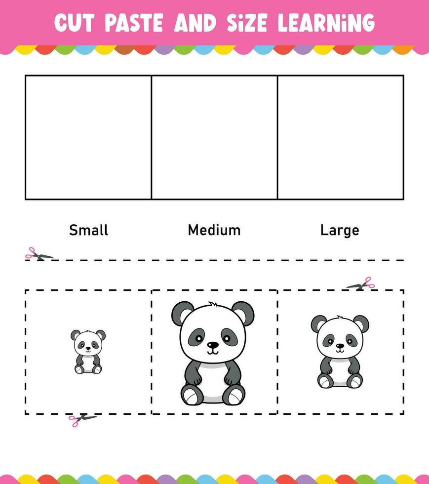 Aprendendo tamanhos cortar e colar fácil atividade planilha jogos para crianças com fofa animal vetor