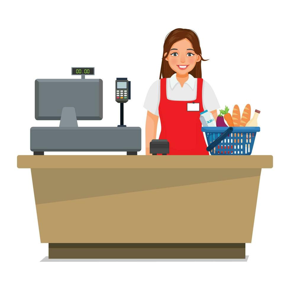 jovem mulher caixa contador trabalhando às supermercado loja vetor