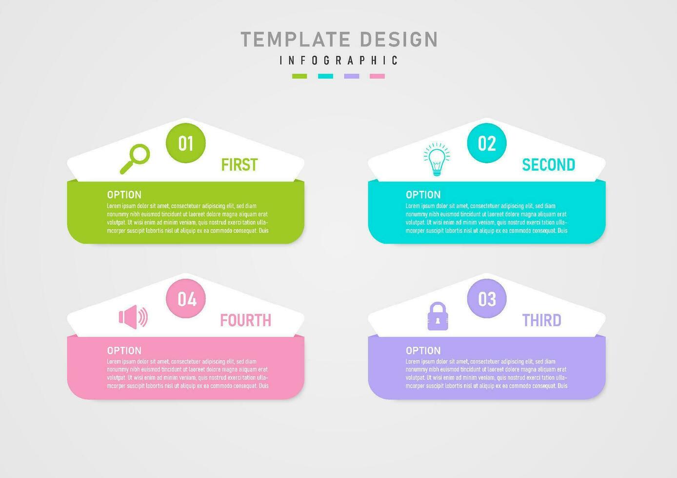 infográfico modelo simples multicolorido quadrados com branco cartas dentro a meio. a mais baixo branco Pentágono dentro uma colori círculo tem uma número dentro a meio do a colori ícone em a esquerda. vetor