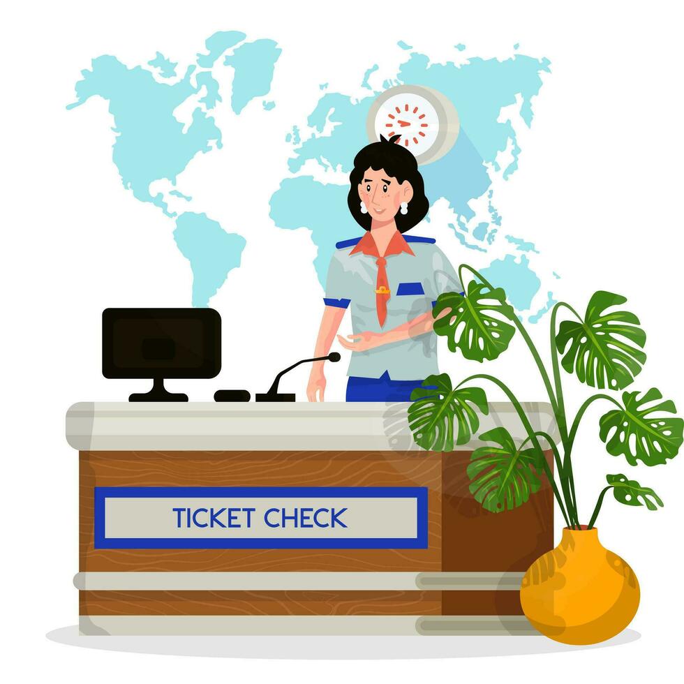 vetor desenho animado ilustração do mulher comissária de bordo quem Verifica bilhetes do passageiros dentro a aeroporto.