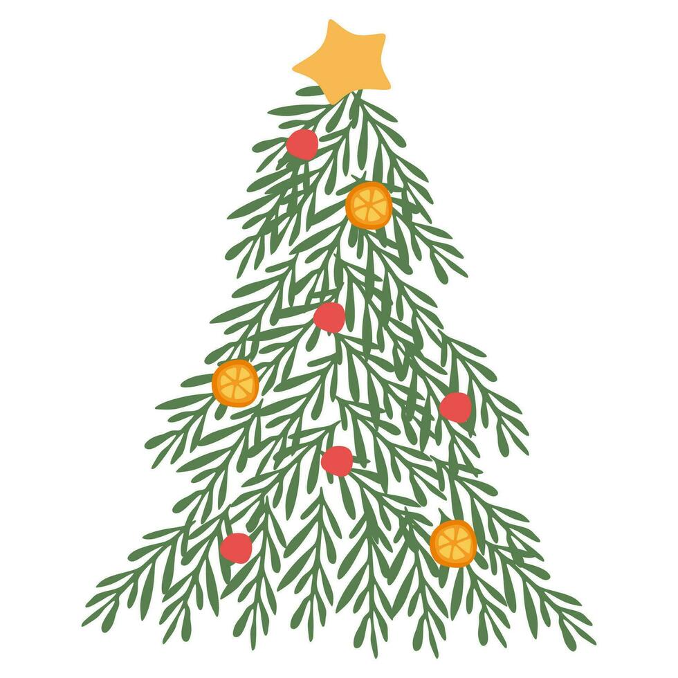 Natal árvore fez do visco galhos com bagas, laranjas e estrela. Novo ano vermelho e amarelo decoração, feriado fundo e festivo elemento. Natal e Novo ano poster. vetor