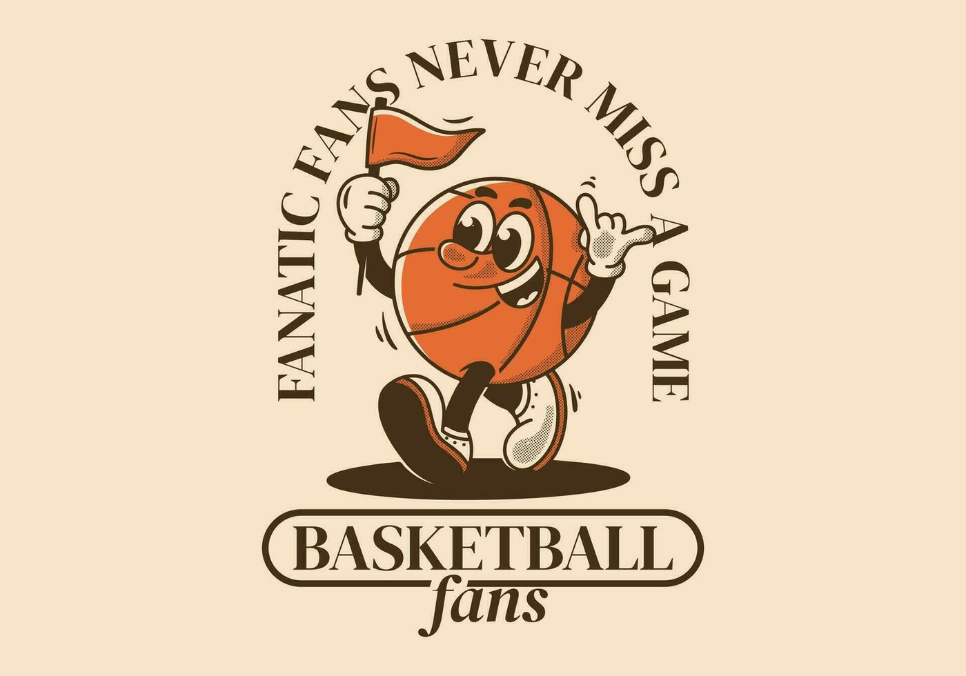 basquetebol fãs, Nunca senhorita uma jogo. mascote personagem ilustração do basquetebol bola segurando uma triângulo bandeira vetor