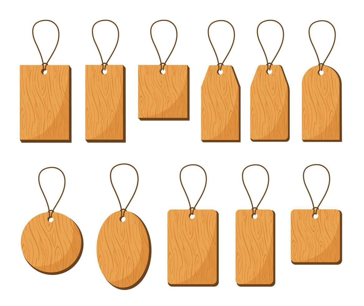 conjunto do madeira papel preço tag etiquetas com cordão vetor ilustração