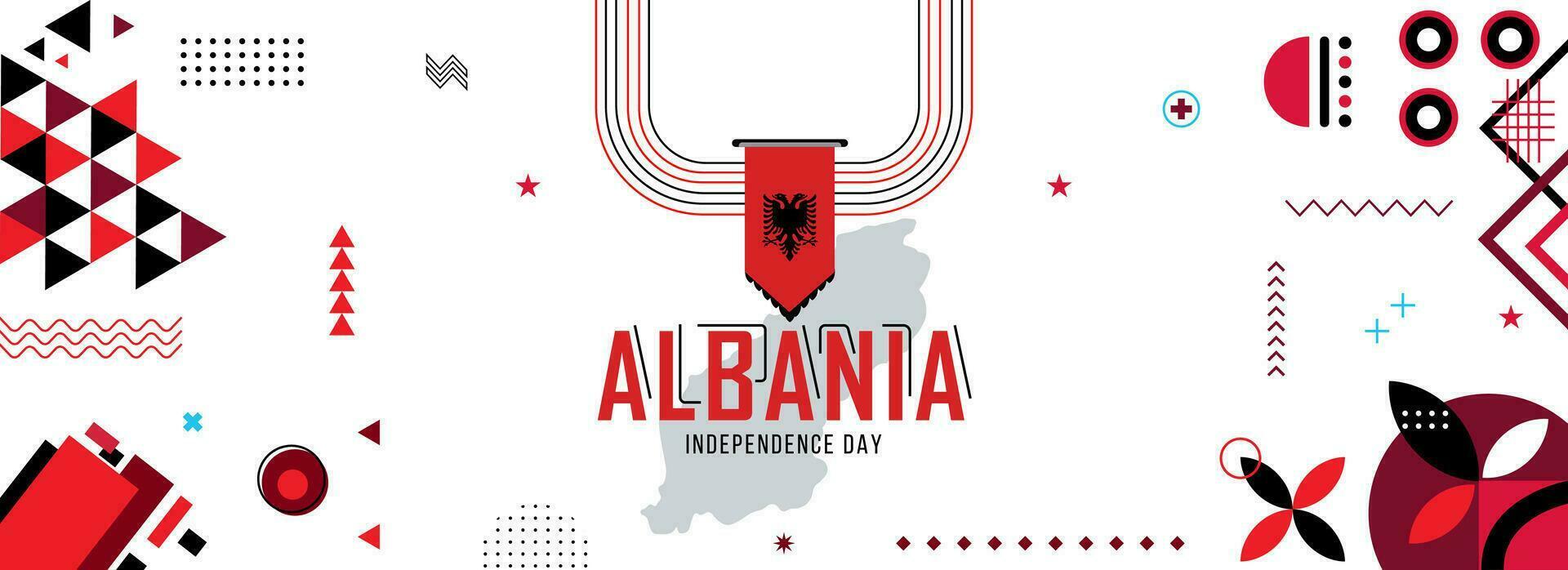 mapa e bandeira do Albânia nacional ou independência dia bandeira com elevado mãos ou punhos., bandeira cores tema fundo e geométrico abstrato retro moderno colorido Projeto vetor