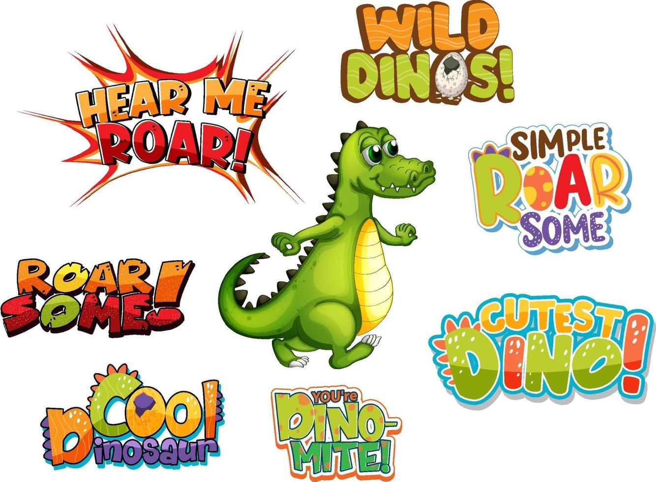 design de tipografia de palavra de dinossauro diferente com dragão fofo vetor