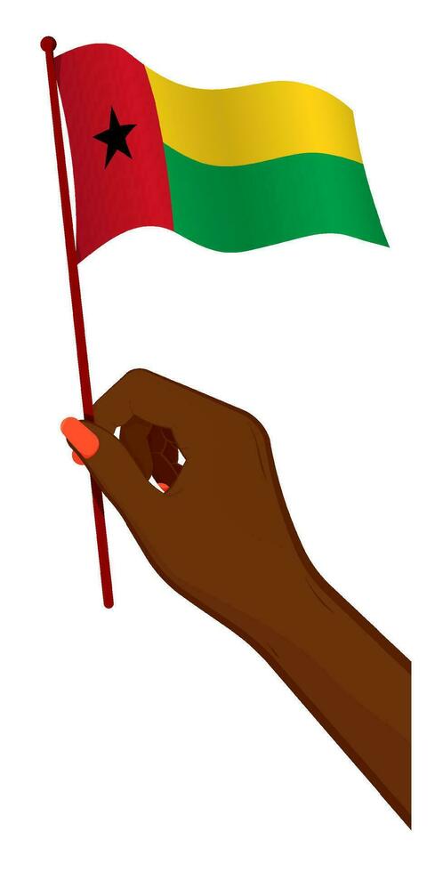 fêmea mão suavemente detém pequeno bandeira do Guiné bissau. feriado Projeto elemento. desenho animado vetor em branco fundo