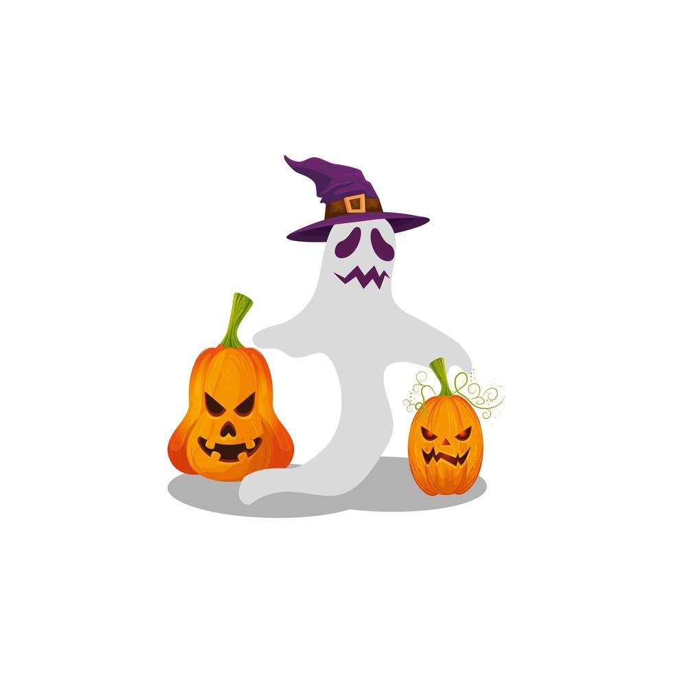 fantasma de halloween com chapéu de bruxa e abóboras vetor